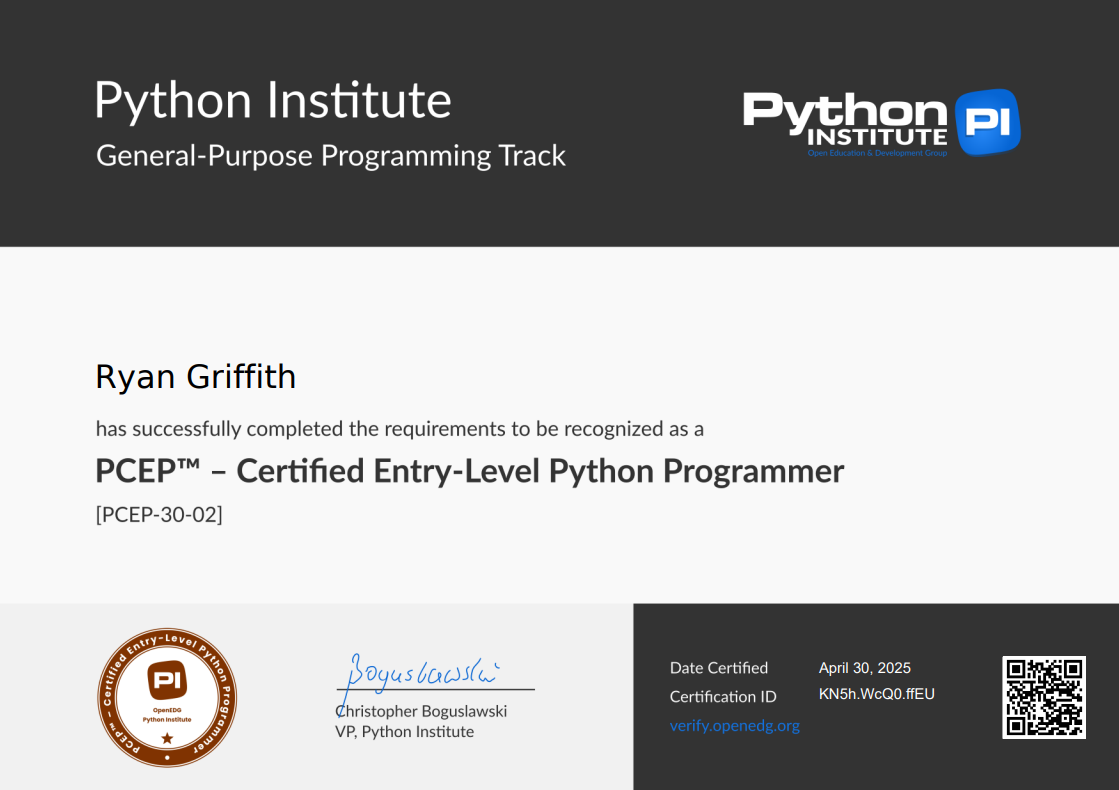 Python PCEP Certificate - Ryan Griffith